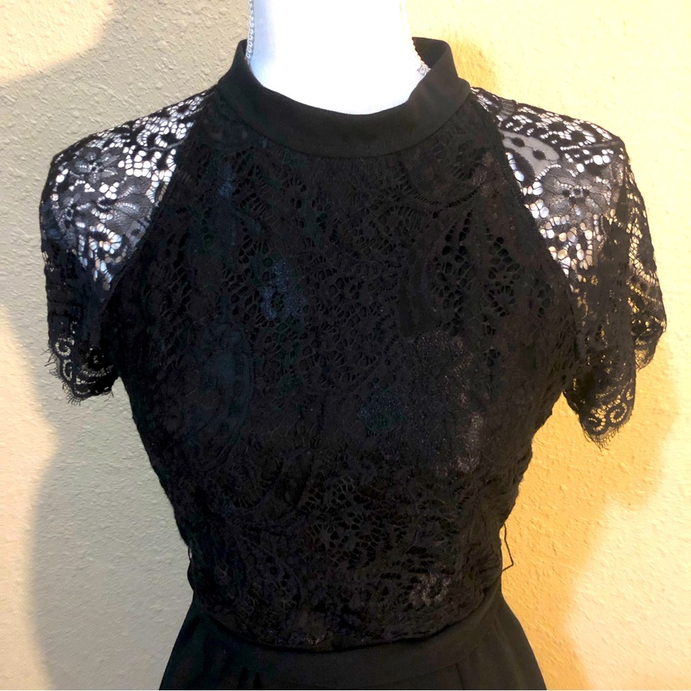 Black lace belted dress, slit back, Size 6